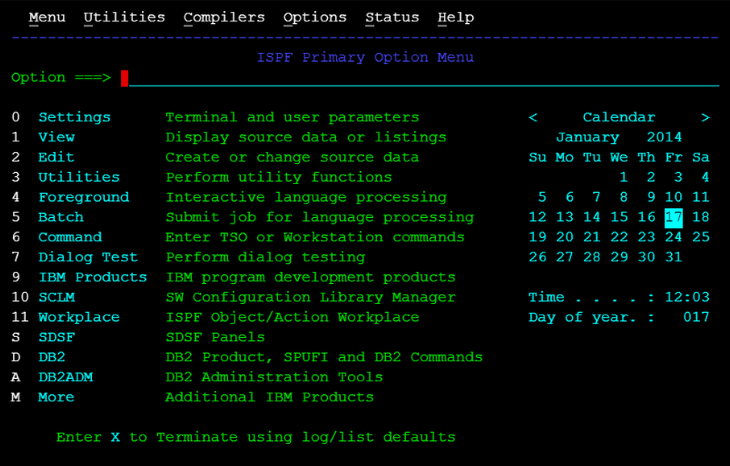 An IBM 3270 terminal displaying a mainframe application